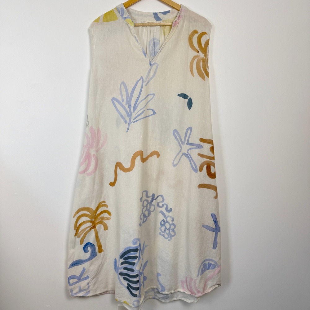 World Market Cotton Linen Abstract Mediterranean Print Midi Dress Women SM Cream